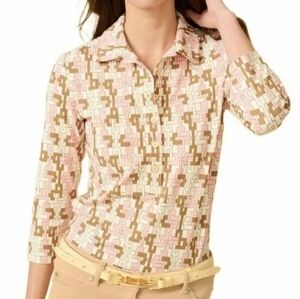 J. McLaughlin Catalina Cloth Court Polo Buttons Brown/Pink Resort Beachy Preppy